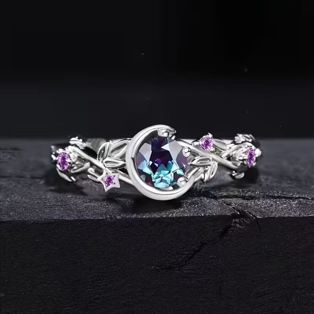 Silver Celestial Zirconia Crystal Ring Moon Stars Purple Gemstones Boho sz 6